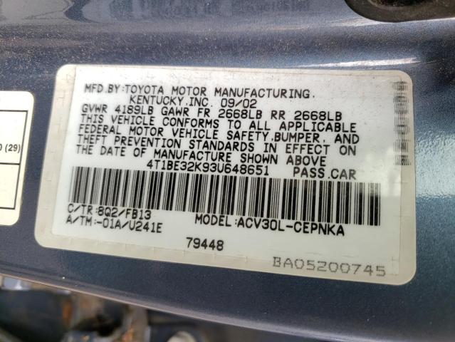 Photo 10 from auction – 2003 TOYOTA CAMRY LE with VIN 4T1BE32K93U648651