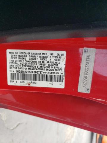 Photo 10 from auction – 2005 HONDA CIVIC LX with VIN 1HGEM22555L066727