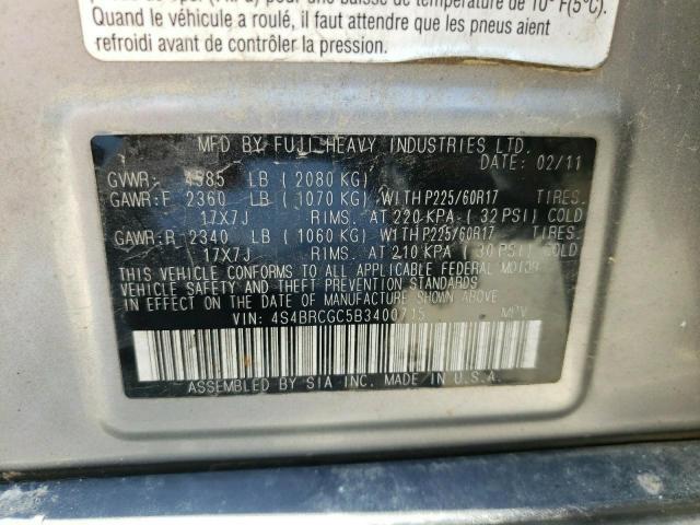 Photo 10 from auction – 2011 SUBARU OUTBACK 2. with VIN 4S4BRCGC5B3400715