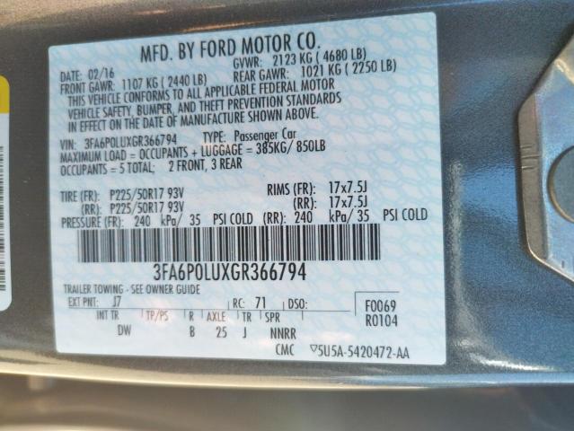 Photo 10 from auction – 2016 FORD FUSION SE with VIN 3FA6P0LUXGR366794
