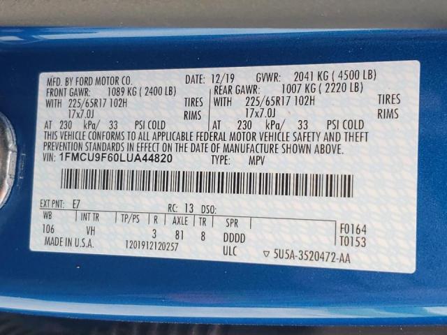 Photo 10 from auction – 2020 FORD ESCAPE S with VIN 1FMCU9F60LUA44820