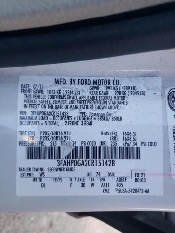 Photo 10 from auction – 2012 FORD FUSION S with VIN 3FAHP0GA2CR151428