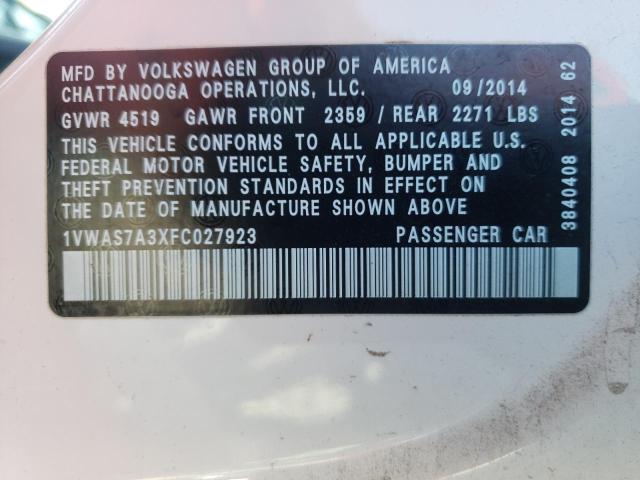 Photo 10 from auction – 2015 VOLKSWAGEN PASSAT S with VIN 1VWAS7A3XFC027923