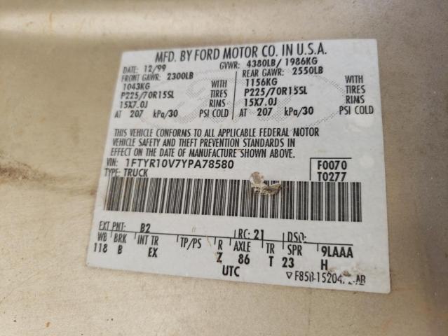 Photo 10 from auction – 2000 FORD RANGER with VIN 1FTYR10V7YPA78580
