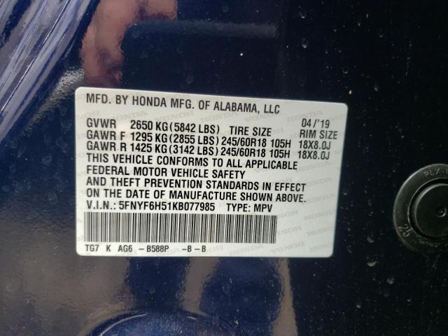 Photo 10 from auction – 2019 HONDA PILOT EXL with VIN 5FNYF6H51KB077985