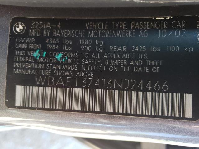 Photo 10 from auction – 2003 BMW 325 I with VIN WBAET37413NJ24466