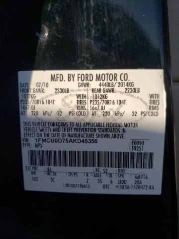 Photo 10 from auction – 2010 FORD ESCAPE XLT with VIN 1FMCU0D75AKD45356