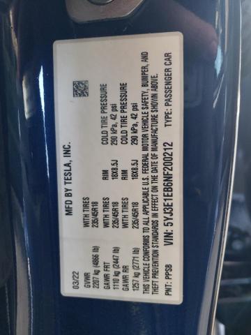 Photo 10 from auction – 2022 TESLA MODEL 3 with VIN 5YJ3E1EB6NF200212