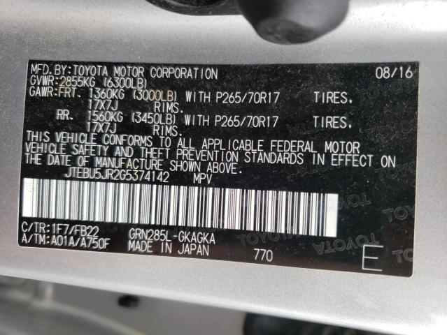Photo 10 from auction – 2016 TOYOTA 4RUNNER SR with VIN JTEBU5JR2G5374142