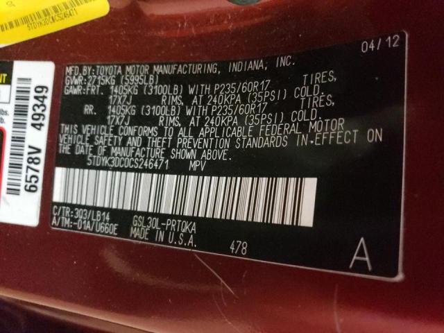 Photo 10 from auction – 2012 TOYOTA SIENNA XLE with VIN 5TDYK3DC0CS246471