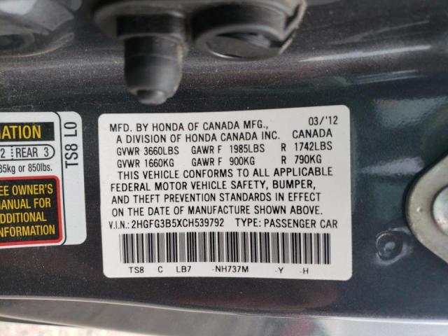 Photo 10 from auction – 2012 HONDA CIVIC LX with VIN 2HGFG3B5XCH539792