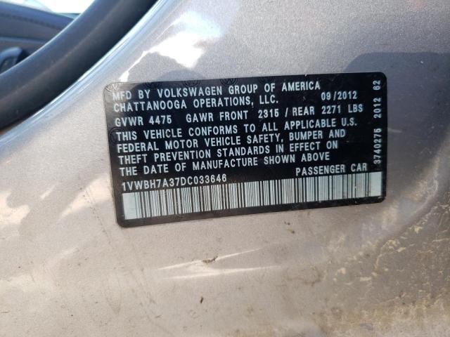 Photo 10 from auction – 2013 VOLKSWAGEN PASSAT SE with VIN 1VWBH7A37DC033646