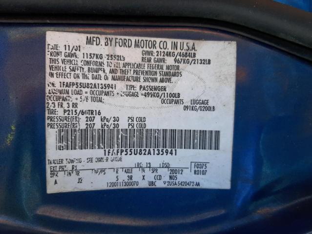 Photo 10 from auction – 2002 FORD TAURUS SES with VIN 1FAFP55U82A135941