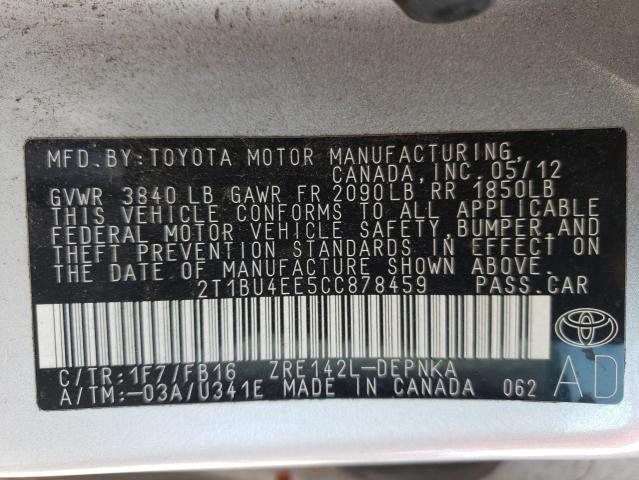 Photo 10 from auction – 2012 TOYOTA COROLLA BA with VIN 2T1BU4EE5CC878459