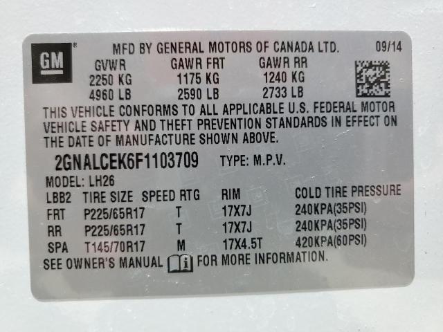 Photo 10 from auction – 2015 CHEVROLET EQUINOX LT with VIN 2GNALCEK6F1103709