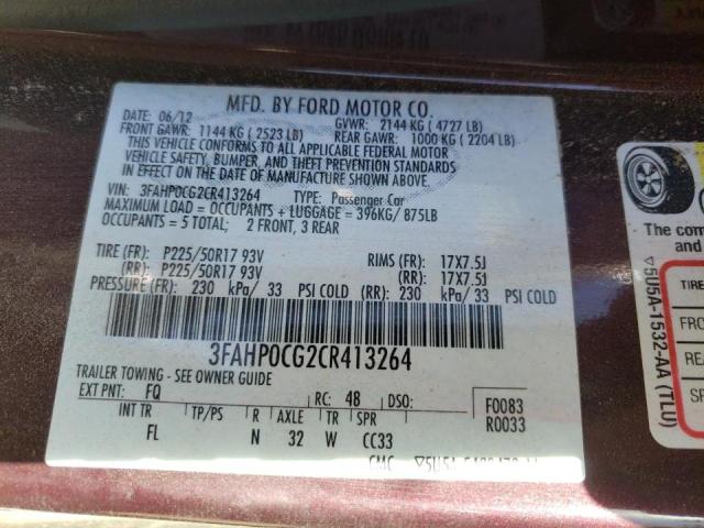 Photo 10 from auction – 2012 FORD FUSION SEL with VIN 3FAHP0CG2CR413264