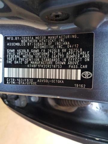Photo 10 from auction – 2012 TOYOTA CAMRY BASE with VIN 4T4BF1FK2CR218753