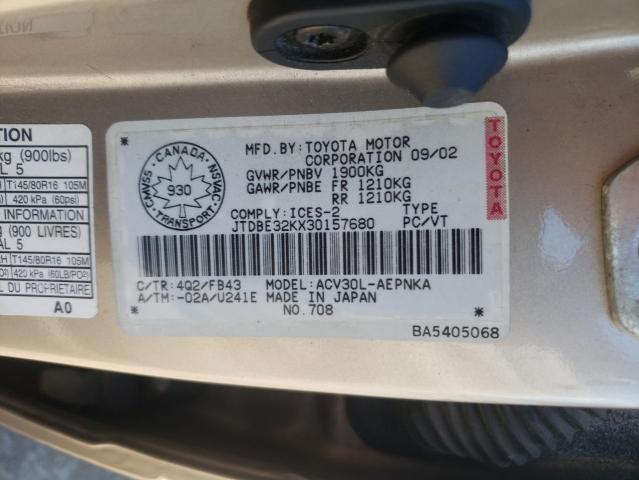 Photo 10 from auction – 2003 TOYOTA CAMRY LE with VIN JTDBE32KX30157680