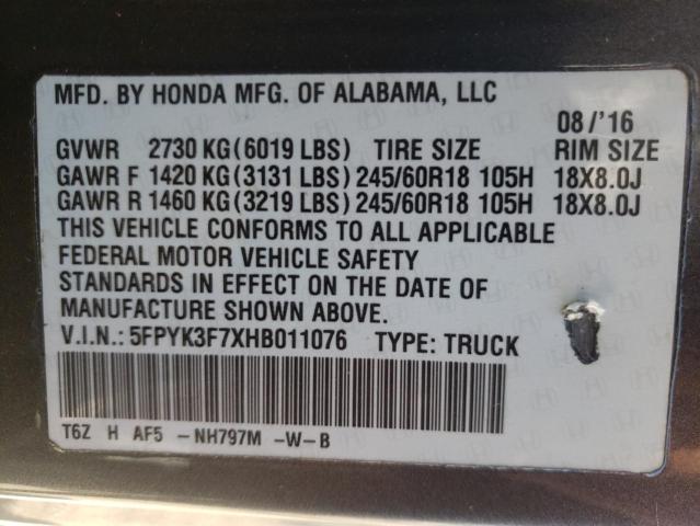Photo 10 from auction – 2017 HONDA RIDGELINE with VIN 5FPYK3F7XHB011076