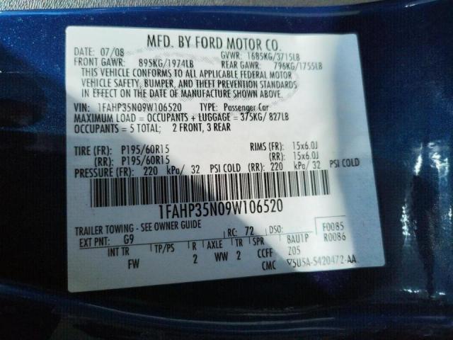 Photo 10 from auction – 2009 FORD FOCUS SE with VIN 1FAHP35N09W106520