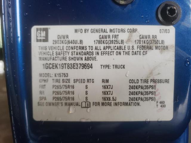 Photo 10 from auction – 2003 CHEVROLET SILVERADO with VIN 1GCEK19T83E379694