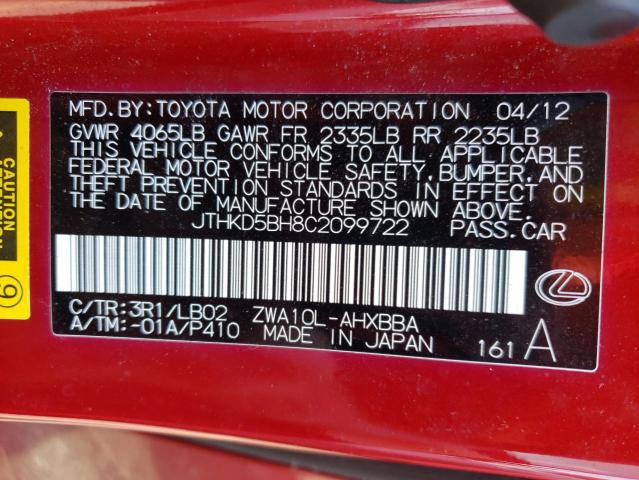 Photo 10 from auction – 2012 LEXUS CT 200 with VIN JTHKD5BH8C2099722