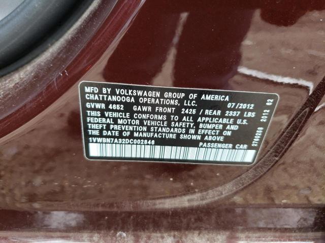 Photo 10 from auction – 2013 VOLKSWAGEN PASSAT SE with VIN 1VWBN7A32DC002846