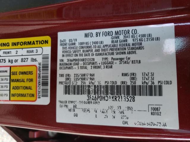 Photo 10 from auction – 2019 FORD FUSION SE with VIN 3FA6P0HD1KR213528