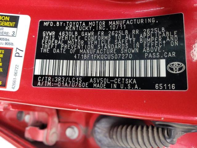 Photo 10 from auction – 2012 TOYOTA CAMRY BASE with VIN 4T1BF1FK0CU507270