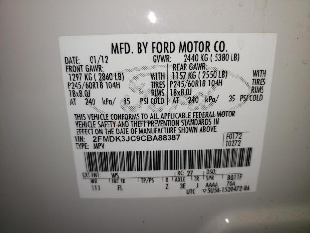 Photo 10 from auction – 2012 FORD EDGE SEL with VIN 2FMDK3JC9CBA88387