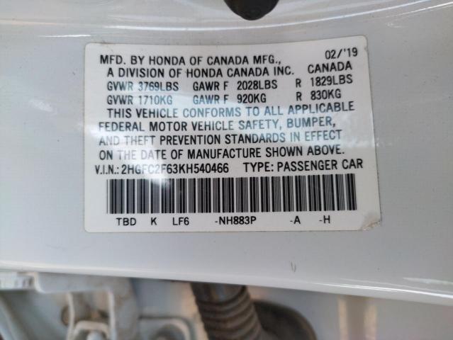 Photo 10 from auction – 2019 HONDA CIVIC LX with VIN 2HGFC2F63KH540466