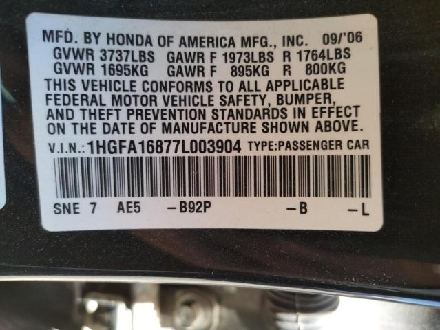 Photo 10 from auction – 2007 HONDA CIVIC EX with VIN 1HGFA16877L003904