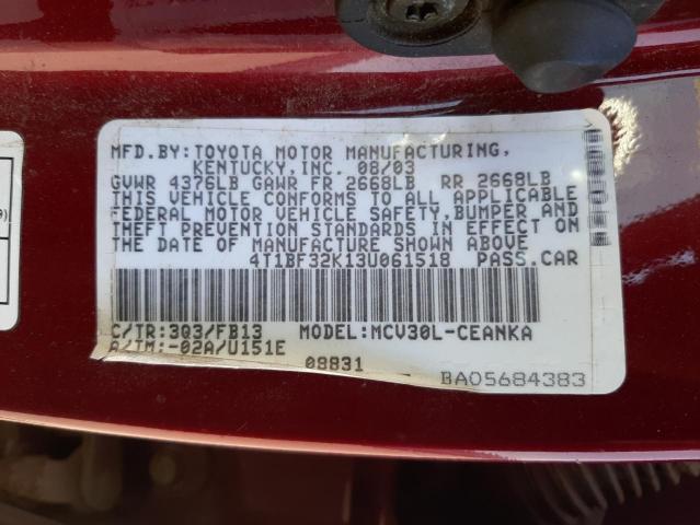 Photo 10 from auction – 2003 TOYOTA CAMRY LE with VIN 4T1BF32K13U061518