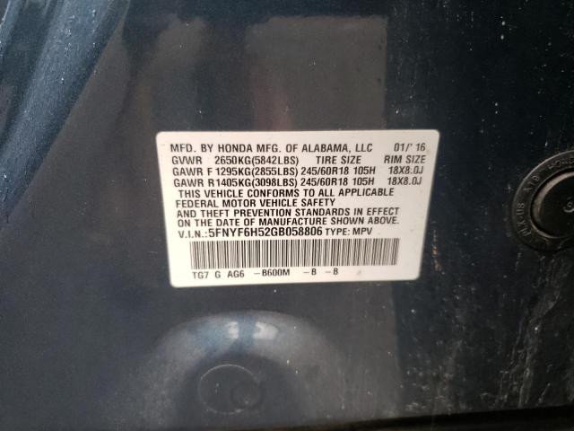 Photo 10 from auction – 2016 HONDA PILOT EXL with VIN 5FNYF6H52GB058806
