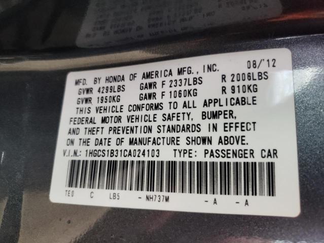 Photo 10 from auction – 2012 HONDA ACCORD LX with VIN 1HGCS1B31CA024103