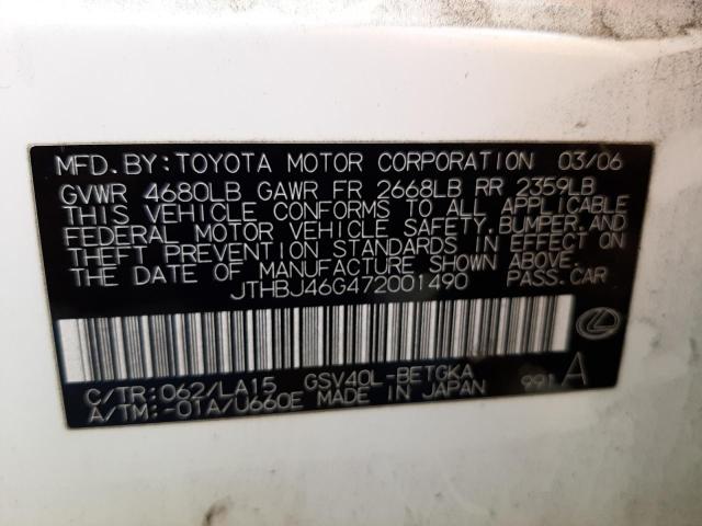 Photo 10 from auction – 2007 LEXUS ES 350 with VIN JTHBJ46G472001490