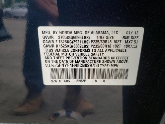 Photo 10 from auction – 2012 HONDA PILOT EX with VIN 5FNYF4H48CB029753