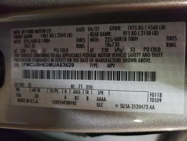 Photo 10 from auction – 2021 FORD ESCAPE SEL with VIN 1FMCU0H63MUA63629