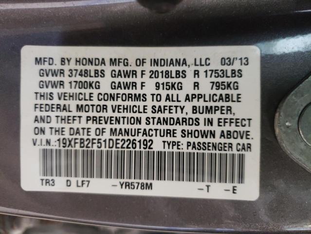 Photo 10 from auction – 2013 HONDA CIVIC LX with VIN 19XFB2F51DE226192