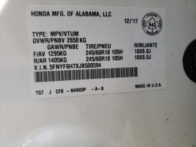 Photo 10 from auction – 2018 HONDA PILOT EXLN with VIN 5FNYF6H7XJB500594