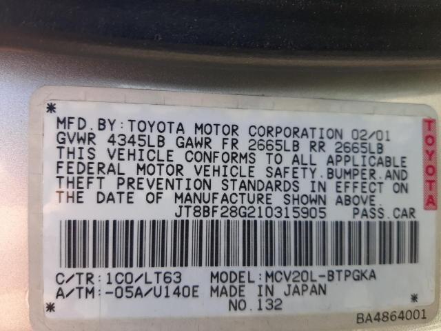 Photo 10 from auction – 2001 LEXUS ES 300 with VIN JT8BF28G210315905