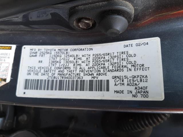 Photo 10 from auction – 2004 TOYOTA 4RUNNER LI with VIN JTEBU17R940037363