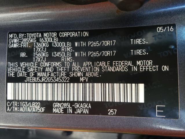 Photo 10 from auction – 2016 TOYOTA 4RUNNER SR with VIN JTEBU5JR2G5345322