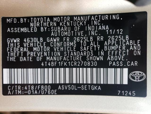 Photo 10 from auction – 2012 TOYOTA CAMRY BASE with VIN 4T4BF1FK1CR270830