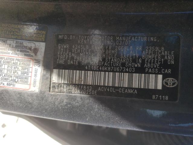 Photo 10 from auction – 2007 TOYOTA CAMRY with VIN 4T1BE46K87U673403