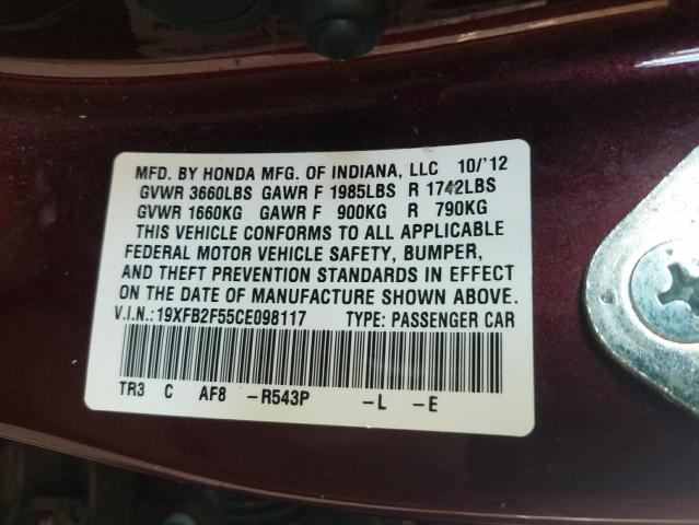 Photo 10 from auction – 2012 HONDA CIVIC LX with VIN 19XFB2F55CE098117