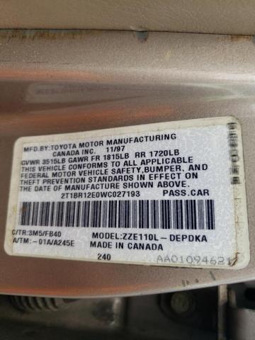Photo 10 from auction – 1998 TOYOTA COROLLA VE with VIN 2T1BR12E0WC027193