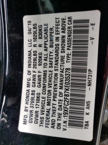 Photo 10 from auction – 2019 HONDA CIVIC SPOR with VIN 19XFC2F87KE035378