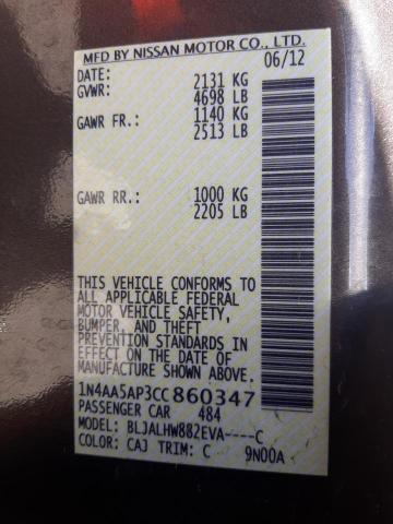 Photo 10 from auction – 2012 NISSAN MAXIMA S with VIN 1N4AA5AP3CC860347