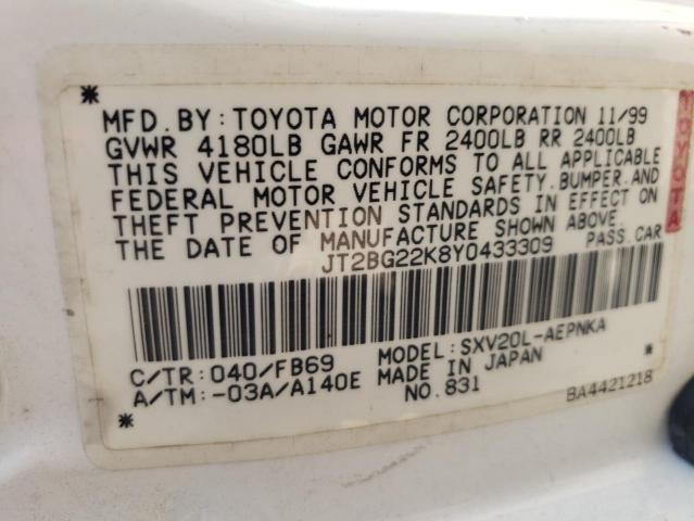 Photo 10 from auction – 2000 TOYOTA CAMRY CE with VIN JT2BG22K8Y0433309